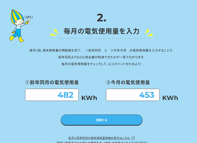 毎月の電気使用量入力画面の画像